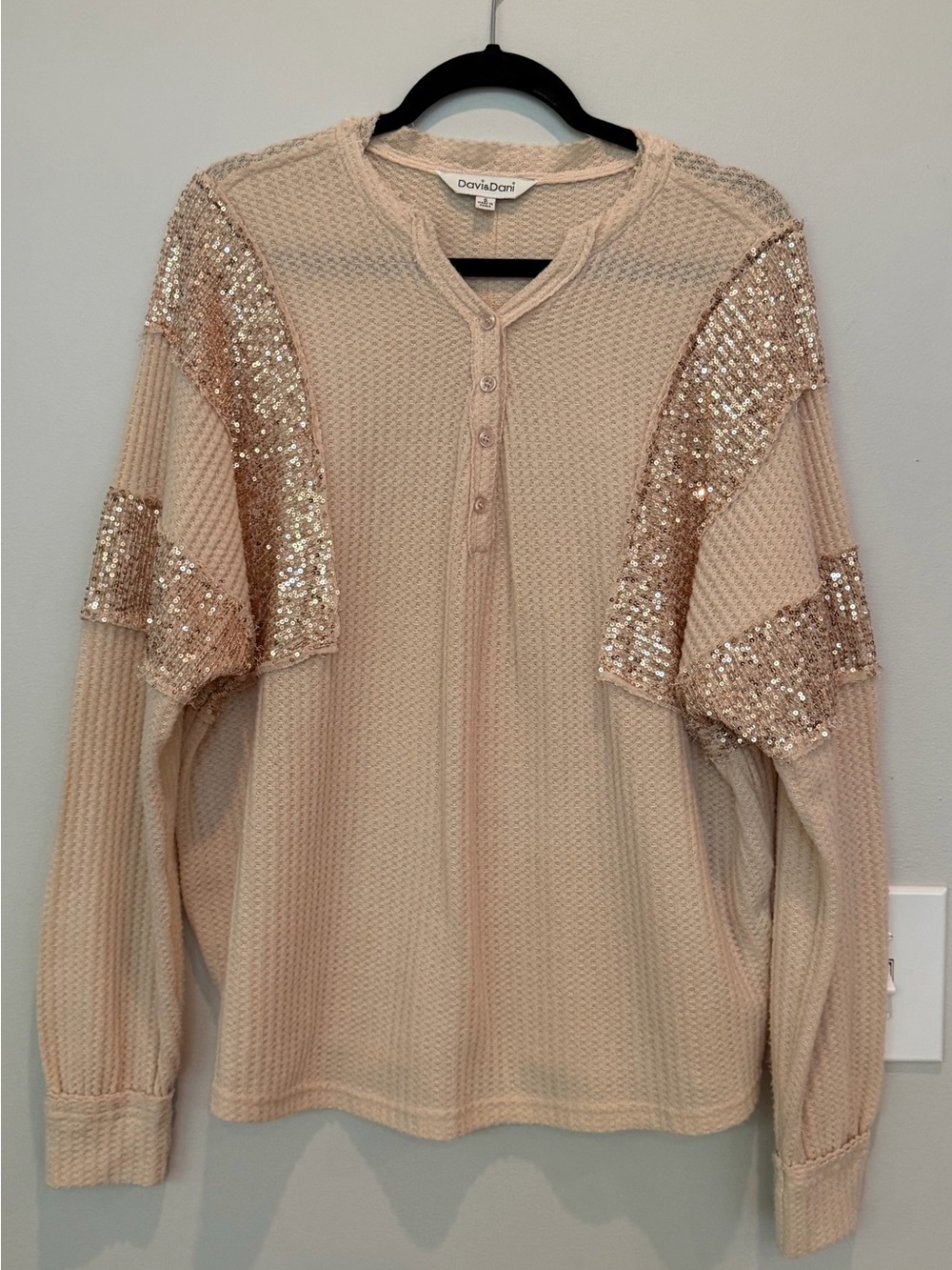 DAVI & DANI Cream Sequin-Panel Waffle Henley Sweatshirt